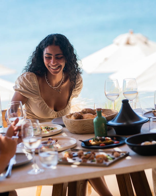 Beachside dining with friends at SeaRocks Paros, Ambelas Beach